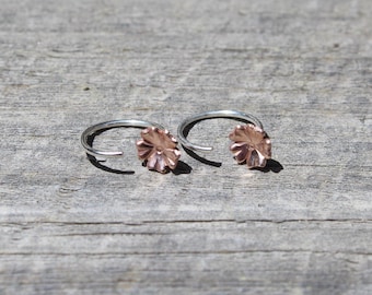 Backless Sleeper Hoop Earrings with Rose Gold Flowers,Half Hoop Open Hoop Studs, Minimal Huggie Earrings for Women, Tiny Flower Pull Through