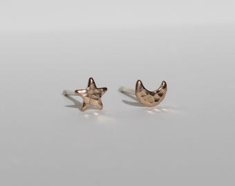 Mismatched Gold Filled Star and Moon Stud Earrings, Celestial Jewelry