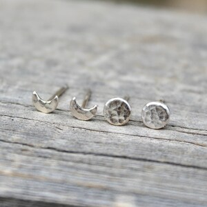 Two Pack of Moon Earrings, Full Moon and Crescent Moon Stud Earring Pairs, Solid Sterling Silver, Small Stud Earring, Space Inspired