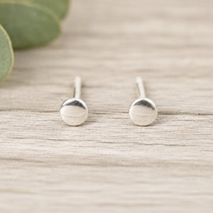 May include: A pair of small, circular silver stud earrings with a smooth, polished finish. Each earring features a flat, round front face attached to a thin metal post, designed for ear piercing. The metal has a bright, reflective silver tone.