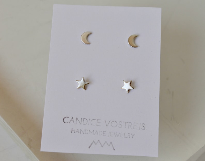 Star and Moon Stud Earrings, Celestial Earrings, 14k Gold Filled Stud Earrings, 5mm Stars, Copper, Brass, Rose Gold Filled, Sterling Silver image 2