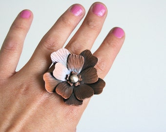 Two Finger Ring, Double Finger Ring, Mixed Metal RIng, Rustic Flower Ring, Statement Ring, Giant Flower Ring, Statement Ring, Copper Ring