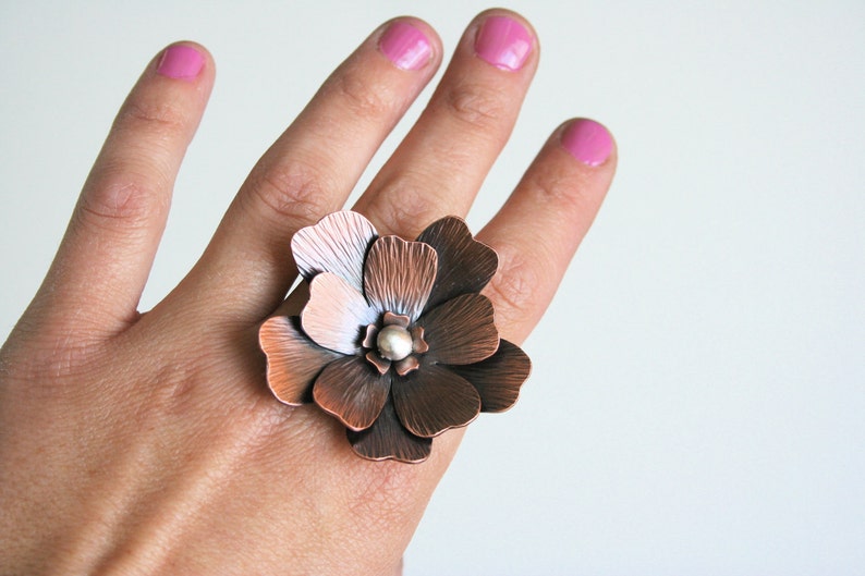 Two Finger Ring, Double Finger Ring, Mixed Metal RIng, Rustic Flower Ring, Statement Ring, Giant Flower Ring, Statement Ring, Copper Ring image 1