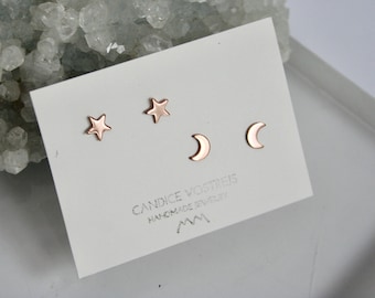 Rose Gold Star and Crescent Moon Earrings, Sterling Silver Crescent Moon Studs, Star Stud Earrings, 7mm Star Earrings, Rose Gold Filled