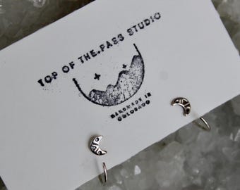 Boho Hippie Style Silver Moon Earrings, Backless Huggie Sleeper Earrings, Wrap around Earrings, Celestial Gift for Women, Sterling Silver