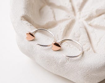 Rose Gold Filled Heart Open Hoop Huggie Earrings with Sterling Silver Wrap Around Ear Wires, Lightweight Sleeper Earrings, Gift for Teen