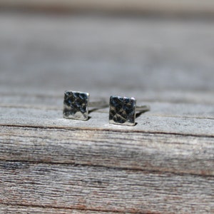 Sterling Silver Square Stud Earrings, Hammered Finish, 4mm Earrings, Small Studs, Gift for Her, Dainty Jewelry, 925 Minimal Studs