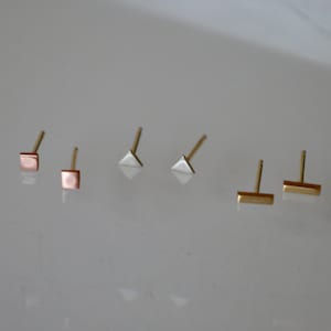 Set of Mixed Metal Geometric Stud Earrings, Set of Three, Copper Square Earrings, Tiny Earrings, Silver Triangle Stud Earrings, Brass Bars