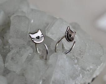 Fun Cat Earrings for Cat Lover, Silver Backless Huggie Open Hoop Earrings, Sleeper Earrings, Cute Cat Jewelry for Girls, Sterling Silver