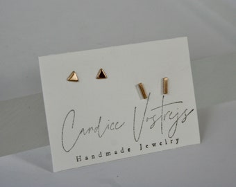 Small Stud Earrings, Set of Two Pairs, Gold Filled Stud Earrings, Triangle Earrings, Bar Earrings, Stick Earrings, Tiny Studs, Stud Earrings