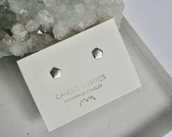 Geometric Shaped Sterling Silver Stud Earrings, Minimal Jewelry, Polished Finish, 6mm, Pentagon, Hexagon
