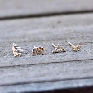 Nature Inspired Mismatched Earring Set, Stud Earring Pack, Four Single Studs, Mountain Earring, Bear Earrings, Moon Studs, Silver Pine Tree