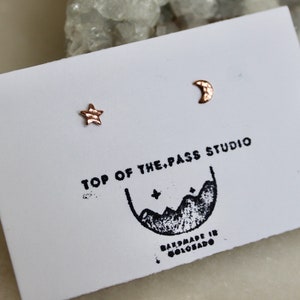 Mismatched Star Moon Stud Earrings, Handmade Celestial Jewelry, Hammered Copper, Dainty Minimal Accessories, Gift for Her, 5mm