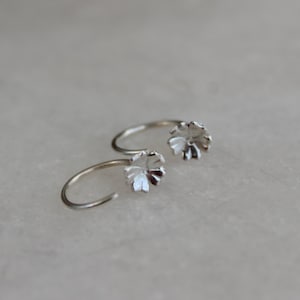 Sterling Silver Tiny Flower Sleeper Hoop Earrings, Pull Through Earrings, Half Hoop Open Hoop Studs, Minimal Huggie Earrings for Women