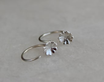 Sterling Silver Tiny Flower Sleeper Hoop Earrings, Pull Through Earrings, Half Hoop Open Hoop Studs, Minimal Huggie Earrings for Women