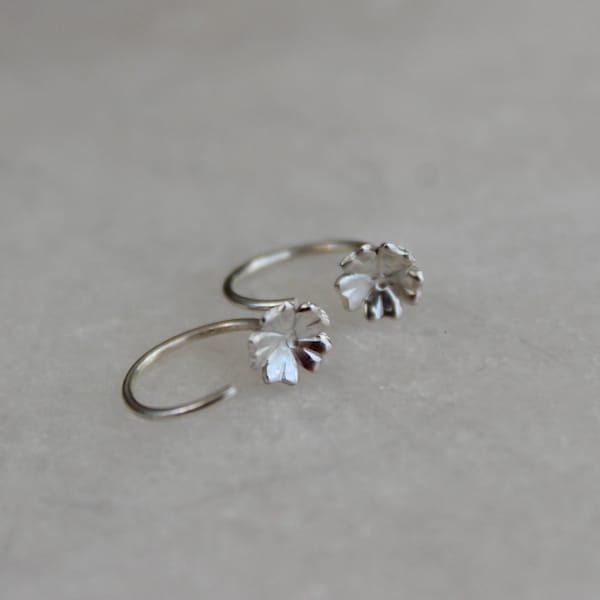 Sterling Silver Tiny Flower Sleeper Hoop Earrings, Pull Through Earrings, Half Hoop Open Hoop Studs, Minimal Huggie Earrings for Women