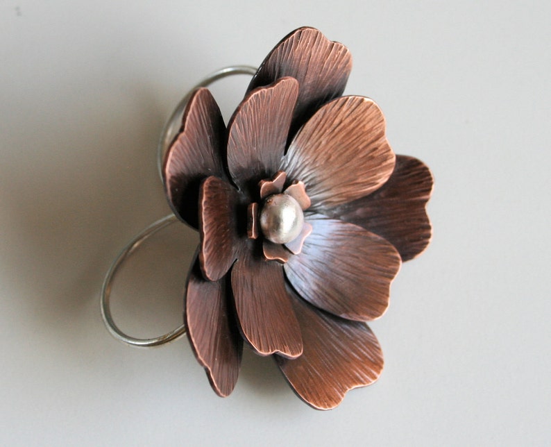 Two Finger Ring, Double Finger Ring, Mixed Metal RIng, Rustic Flower Ring, Statement Ring, Giant Flower Ring, Statement Ring, Copper Ring image 2