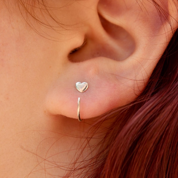 Heart Open Hoop Huggie Earrings with Wrap Around Ear Wires, Solid Sterling Silver Lightweight Sleeper Earrings, Gift forTeen, Wrap Around