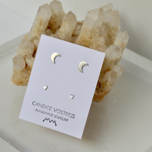 Silver Moon Crescent Stud Earrings, 3mm Sterling Silver Tiny Triangle Studs, Moons and Triangle Stud Earring Set, Boho Stud Earrings,