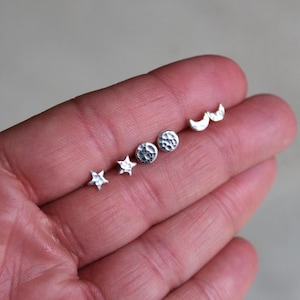 Star Stud Earrings, Full Moon and Crescent Moon Silver Studs, Earrings for Multiple Piercings, Small Minimal Studs, Solid Sterling Silver