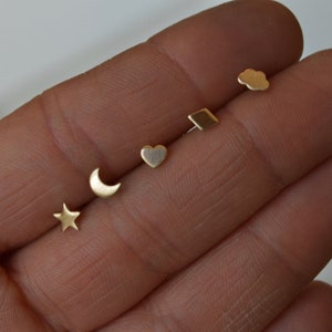 Set of Five Mismatched 10 Karat Gold and Sterling Silver Stud Earrings, 10k Gold Earrings, Mismatched Studs, Star, Heart, Moon, Cloud