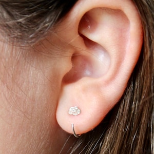 Silver Cloud Hoop Earrings, Pull Through Backless Earrings, Sleeper Hoop Earrings, Minimal Huggie, Earrings for Teen Girls