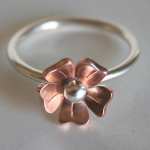 Copper Rose, Floral Ring,  Mixed Metal Jewelry, Copper Flower Jewelry, Minimalist Ring,  Natural Copper, 7th Anniversary Gift, Boho