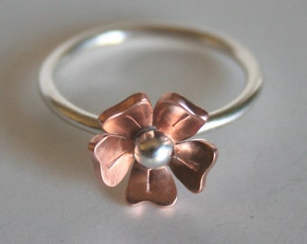 Copper Rose, Floral Ring,  Mixed Metal Jewelry, Copper Flower Jewelry, Minimalist Ring,  Natural Copper, 7th Anniversary Gift, Boho