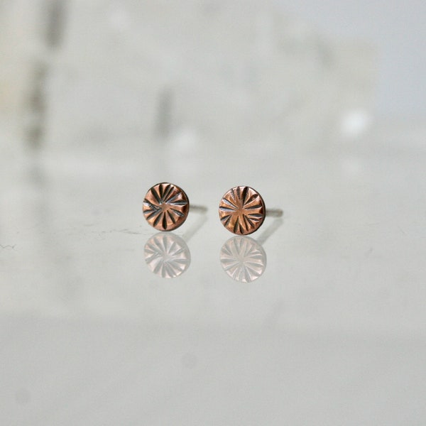 Tiny Rustic Hammered Copper Dot Earrings, Sunshine Design, Minimalist, Boho Copper Jewelry, 4mm, Stamped Copper Jewelry
