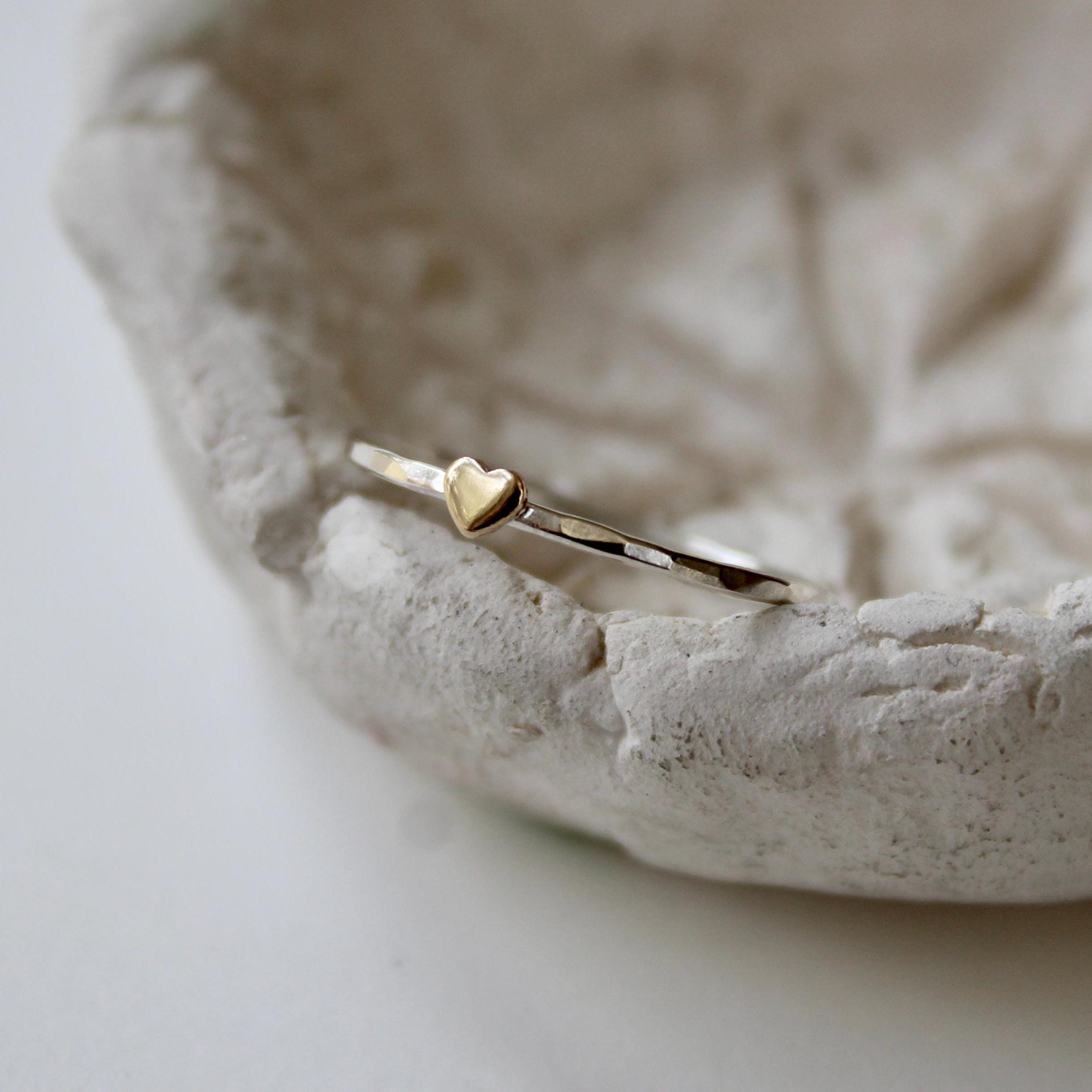 Tiny Gold Heart Ring, Hammered Sterling Silver Stackable Ring with very Dainty Gold Heart,  Anniversary Gift for Her, 14k Gold Filled