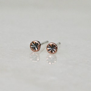 May include: A pair of small stud earrings. Each earring has a copper-coloured, circular design with a floral pattern. The posts are silver-coloured. The earrings are displayed on a reflective surface.