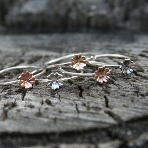 Tiny Rustic Flower Rings, Stackable Hammered Ring with Flowers,  Dark Patina, Western Hippie Jewelry, Fall Jewelry, Gold Filled, Copper Ring