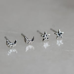 Star and Moon Sterling Silver Stud Earrings, Moon Star Earrings Set, Handcrafted Gift Set, 5mm, Two Pairs, Hammered Finish