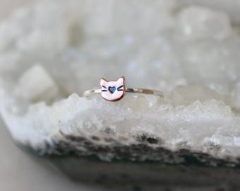Handmade Cat Face Ring, Sterling Silver and Copper, Kitty Jewelry