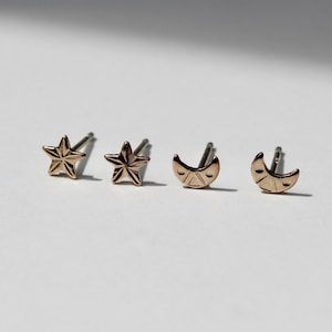 Star and Moon Earring Set 14k Yellow Gold Filled Small Earrings for Multiple Piercings Gift for Her Earring Pack Two Pairs Celestial Jewelry