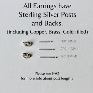 May include: Close-up of three silver earring posts with different lengths: 3/8 inch (9mm), 7/16 inch (11mm), and 1/2 inch (13mm). All earrings have sterling silver posts and backs, including copper, brass, and gold filled.