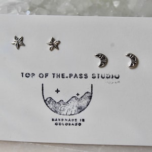 Star and Moon Earring Set, Stud Earring Pack for Multiple Piercings, Solid Sterling Silver, Mix and Match Earrings, Gift for Her