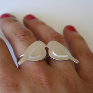 Silver Two Finger Ring, Bird Jewelry, Anniversary Ring, Anniversary Gift, Kissing Birds, Love Birds, Statement Ring, Big Ring, Bird Ring image 1