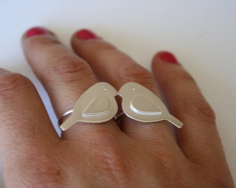 Silver Two Finger Ring, Bird Jewelry, Anniversary Ring, Anniversary Gift, Kissing Birds, Love Birds, Statement Ring, Big Ring, Bird Ring