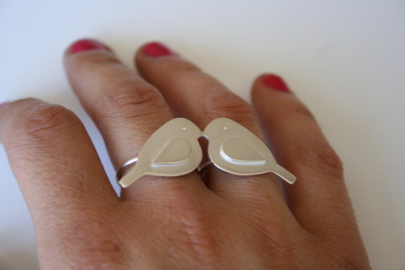 Silver Two Finger Ring, Bird Jewelry, Anniversary Ring, Anniversary Gift, Kissing Birds, Love Birds, Statement Ring, Big Ring, Bird Ring image 1