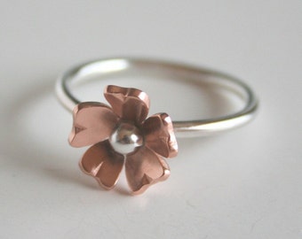 Silver and Copper Flower Ring, Rustic Jewelry, Anniversary Gift, Statement Ring, Boho Ring, Copper Jewelry, Handmade Jewelry, Gift for Her