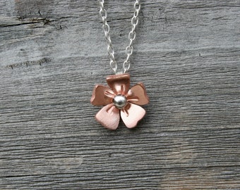 Tiny Flower Necklace, Bridesmaid Necklace, Copper Flower Jewelry, Rose Gold Color, Copper Jewelry, Dainty Necklace, Tiny Flower Jewelry