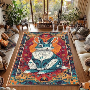 Whimsical Rabbit Rug Bunny Area Rug for Nursery, Woodland Decor, Washable Boho Rug, Cozy Farmhouse Style, Maximalist Home Decor, Rabbit art