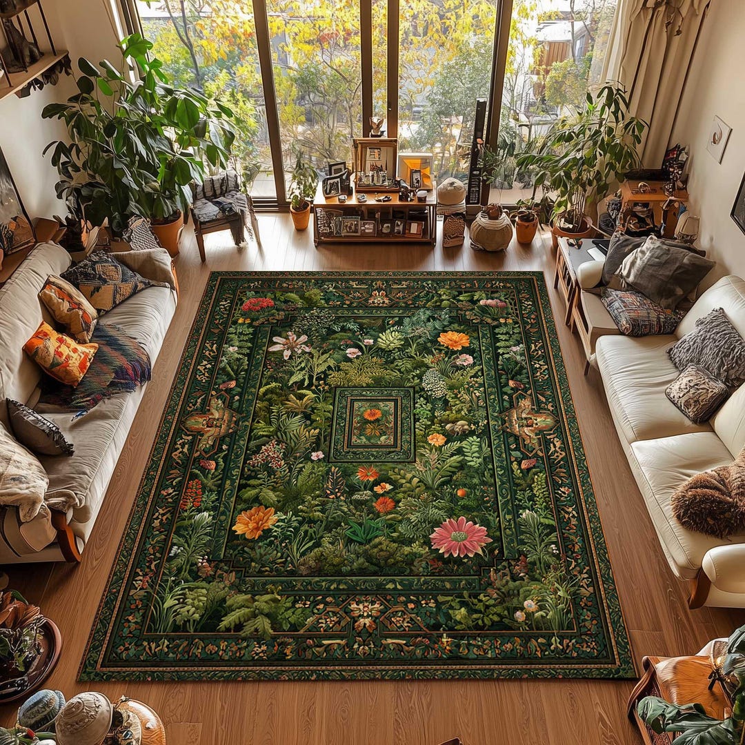 Botanical Green Rug, Cottagecore Wildflower Carpet, Moss Plant Area Rug ...