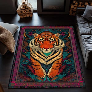 Tiger Area Rug Colorful Cottagecore Washable Carpet Non Slip Exotic Nature Decor Farmhouse Living Room Animal Print Rug, Cool Rug