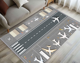 Runway and Airport Rug, Aviation and Plane Area Rug, Kids Room Decor, Gift for Boys and Girls, Road and Track Pattern Floor Mat