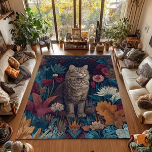 Pastel Cat Rug, Floral Botanical Area Rug, Cute Animal Decor, Lavender Yellow Cottagecore Washable Boho Rug