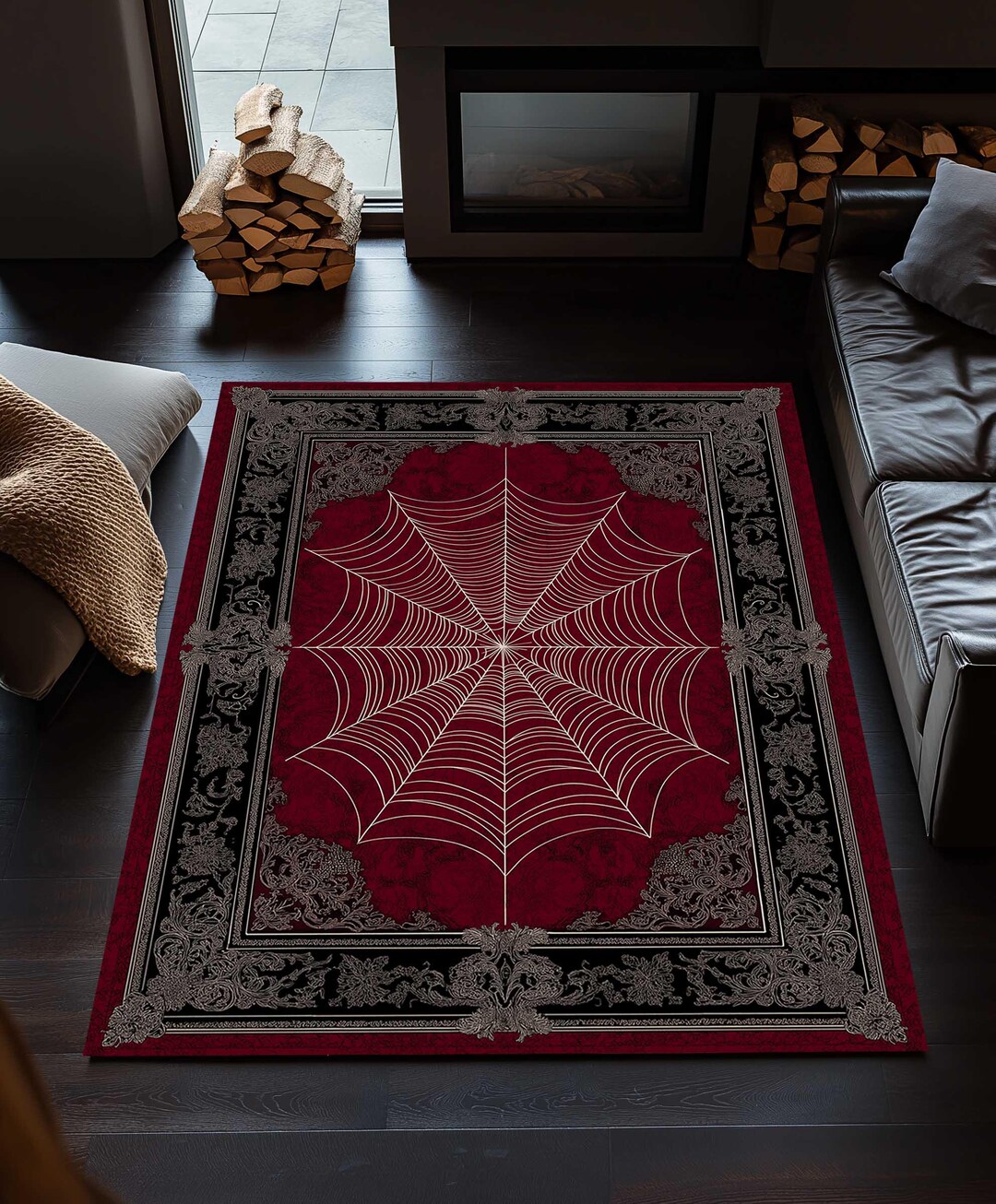 Spider Wed Rug Spider Web Gothic Rug Black Red Halloween Aesthetic Dark Academia Decor ...