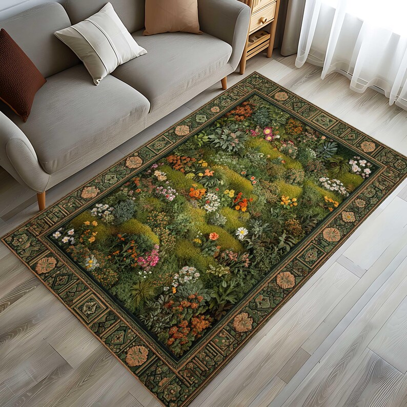 Plant Rug Floral Botanical Rug, Moss Plant Rug for Cottagecore Decor, Green ...