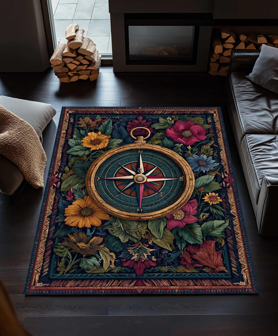 Small Retangle Compass Rug Rustic Nautical Compass Rug, Vintage Area Rug, Coastal Compass Decor ...